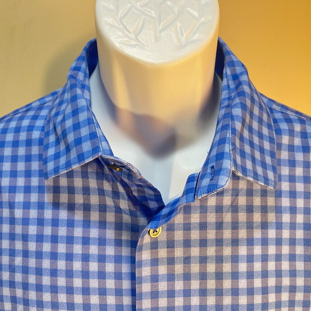 👔✨ Bugatchi Men’s OoohCotton Stretch Shirt XL Blue White Plaid LS